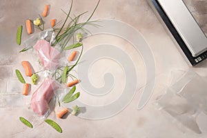 Sous Vide cooking concept. Vacuum packed ingredients arranged on light background.