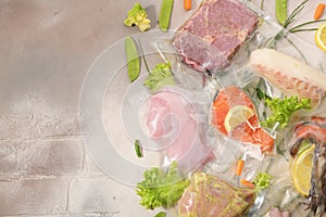 Sous Vide cooking concept. Vacuum packed ingredients arranged on light background. photo