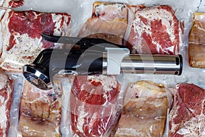 Sous vide immersion circulator cooker and the meats Packeds