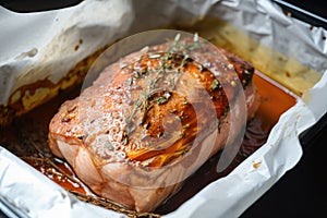 sous-vide pork shoulder roast, ready to be finished in the oven and served with sauce