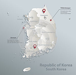 Sout Korea map, Republic of Korea, administrative division with names, blue white card paper 3D