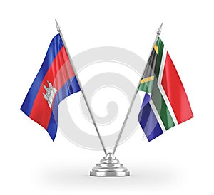 South Africa and Cambodia table flags isolated on white 3D rendering