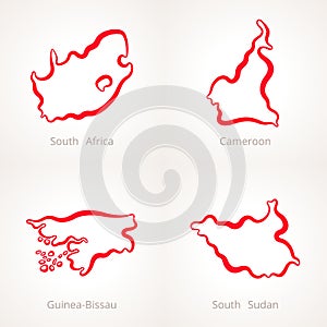 South Africa, Cameroon, Guinea-Bissau and South Sudan - Outline Map