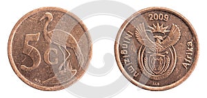 South africa five cents coin on white isolated background