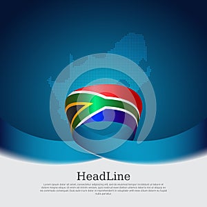 South africa flag, map on blue white background. Wavy ribbon with RSA flag. State south african patriotic banner, business booklet