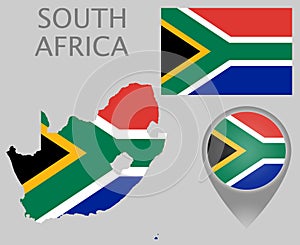 South Africa flag, map and map pointer