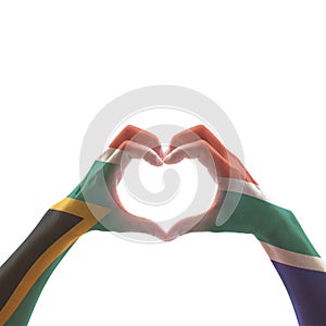 South Africa flag on woman hands in heart shape isolated on white background for national unity, union, love and reconciliation