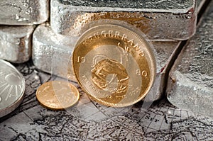 South Africa Gold Coin Kugurand with Silver Bars