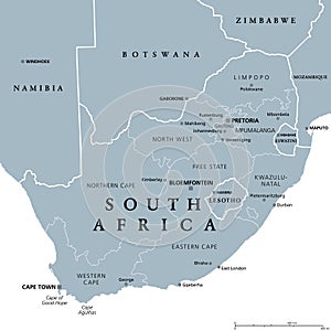 South Africa, gray political map with provinces and largest cities