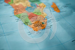 South Africa on a map. Selective focus on label