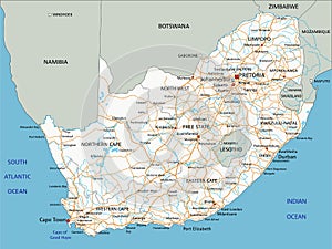 High detailed South Africa road map with labeling.