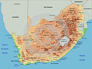 High detailed South Africa physical map with labeling.