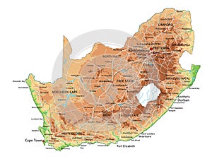 High detailed South Africa physical map with labeling.