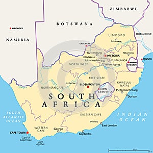 South Africa, political map with provinces, largest cities and borders
