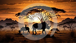 South africa of Silhouette African night safari scene with wildlife animals on the panorama rhino nature