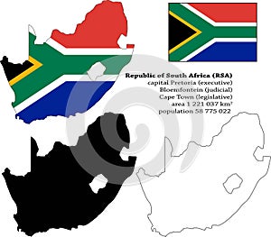 South Africa vector map, flag, borders, mask , capital, area