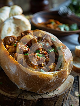 South African bunny chow, a hollowed-out bread loaf filled with a spicy, fragrant meat curry. Iconic street food dish photo