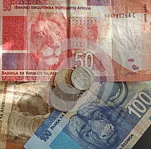 South African Currency Rands with banknotes and coins photo