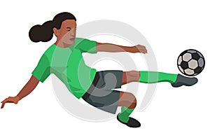 South African girl women's football player in a green sports uniform jumps to hit the ball