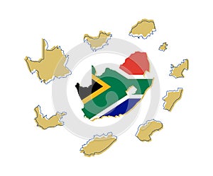 South African Map and Flag Surrounded by its Provinces