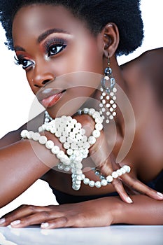 South African woman with pearls