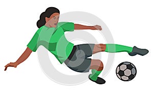 South African women's football girl player in a green sports uniform jumps to hit the ball