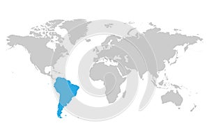 South America continent blue marked in grey silhouette of World map. Simple flat vector illustration photo