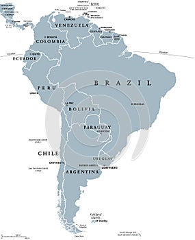 South America, continent, gray political map with borders and capitals