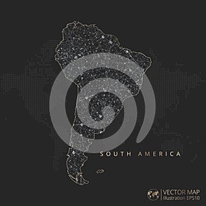 South America Continent map abstract geometric mesh polygonal light concept with black and white glowing contour lines countries a