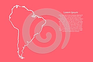 South America continent map from the contour pink coral color brush lines different thickness. Vector illustration