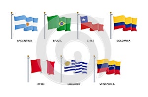 South America country flying flat flags pack. Vector illustration