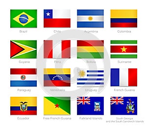 South America detailed flags set of all continent countries and