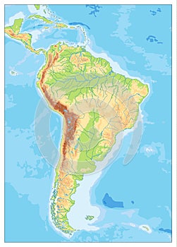 South America Detailed Physical Map with global relief, lakes an