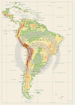 South America Detailed Physical Map. Vintage color