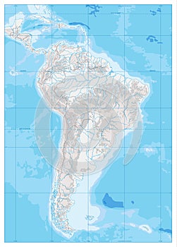 South America Detailed Physical Map. White and grey. No text