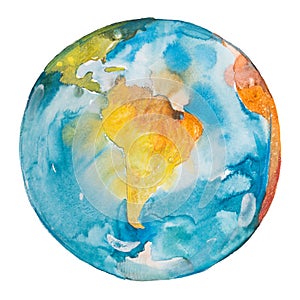 South America on the globe. Earth planet. Watercolor