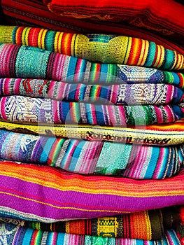 South America Indian woven fabrics. Colorful handmade native blankets