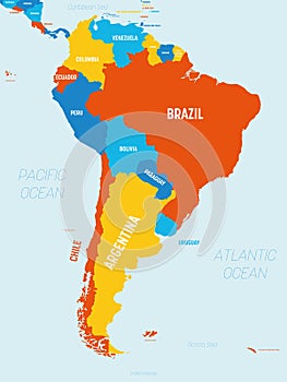 South America map - 4 bright color scheme. High detailed political map South American continent with country, ocean and