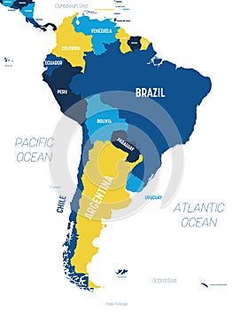 South America map - brown orange hue colored on dark background. High detailed political map South American continent