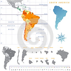 South America map with each country map separately isolated on white background.