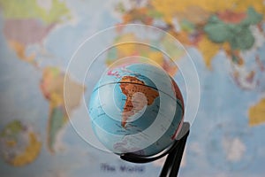 south America map on a globe
