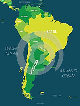 South America map - green hue colored on dark background. High detailed political map South American continent with