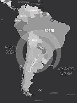 South America map - grey colored on dark background. High detailed political map South American continent with country