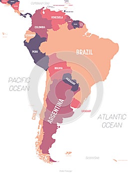 South America map. High detailed political map South American continent with country, ocean and sea names labeling