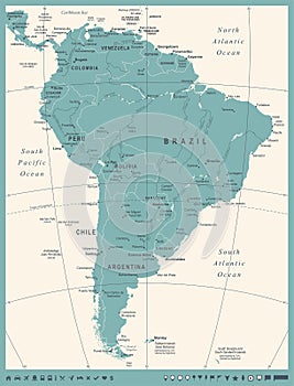 South America Map - Vintage Vector Illustration