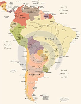South America Map - Vintage Vector Illustration