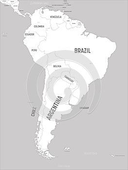 South America map - white lands and grey water. High detailed political map South American continent with country