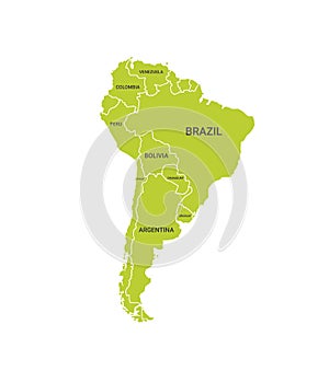 South America political map with names of the biggest countries. Flat vector illustration isolated on white.