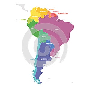 South America Region. Colorful map of countries in southern America. Vector illustration
