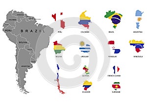 South America. Territories of countries on South America continent. Separate countries with flags. List of countries in South Amer